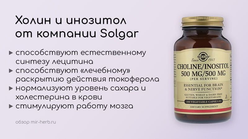 Комплекс на основе холина (витамин В4) и инозитола (витамин В8) от компании Solgar. Состав, инструкция по применению, где купить дешевле всего. Обобщенные отзывы